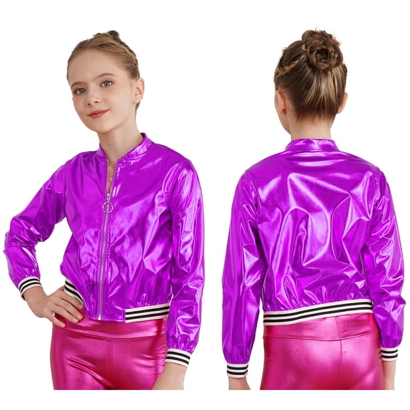 iiniim Kids Girls Metallic Shiny Bomber Jacket Coat Long Sleeve Zip Up Outerwear Jazz Modern Dance Top Size 6-16 Purple 8