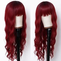 Long Dark Red Wigs for Women, Synthetic Wigs Long Red Wig with Bangs, Narutal Wavy Wigs for Women Halloween Cosplay Party 26 Inches Hair Extensions