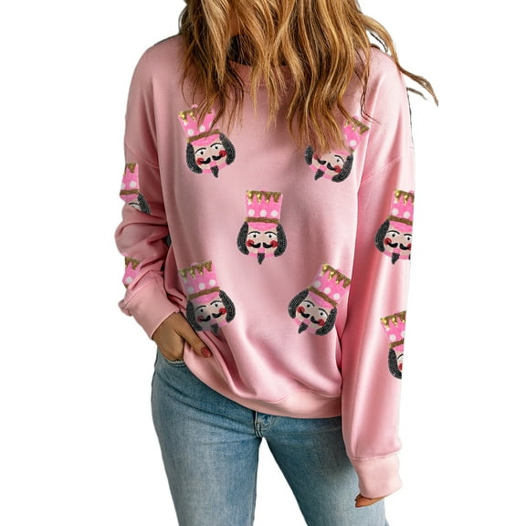 Women's Pink Sequin Nutcracker Graphic Drop Shoulder Christmas Sweatshirt - [ZhiHiMeRi] | (US 20-22)2XL