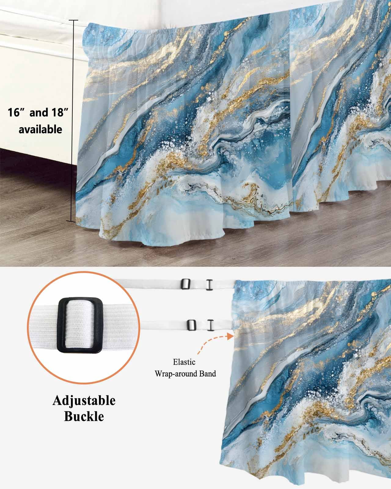 Blue Marble Wrap Around Bed Skirts for Queen Bed 16" Drop, Bed Skirt with Adjustable Elastic Belt Dust Ruffle Bed Valance for Bedroom Hotel Luxury Modern Contemporary Luxury Yellow Bed Frame Cover