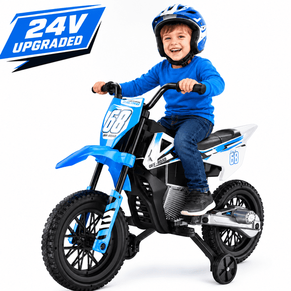 24V Kids Ride-On Motorcycle with Training Wheels, Dual Motors, 2-4 MPH Twist-Grip Throttle, Rear Suspension, Bluetooth Music, Battery Display, Motocross Style Electric Motorbike, Ages 3-8, Blue