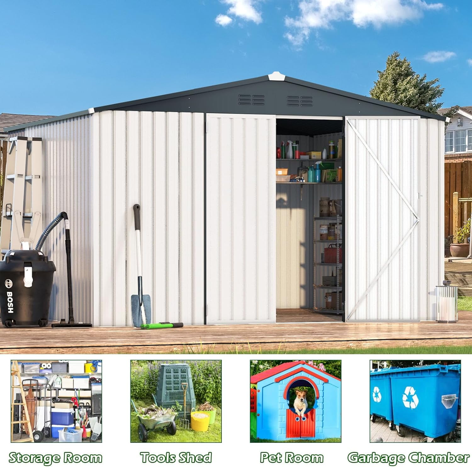 AECOJOY 10' x 10' Outdoor Storage Shed with Lockable Door Patio Metal Garden Storage Building in White for Outside