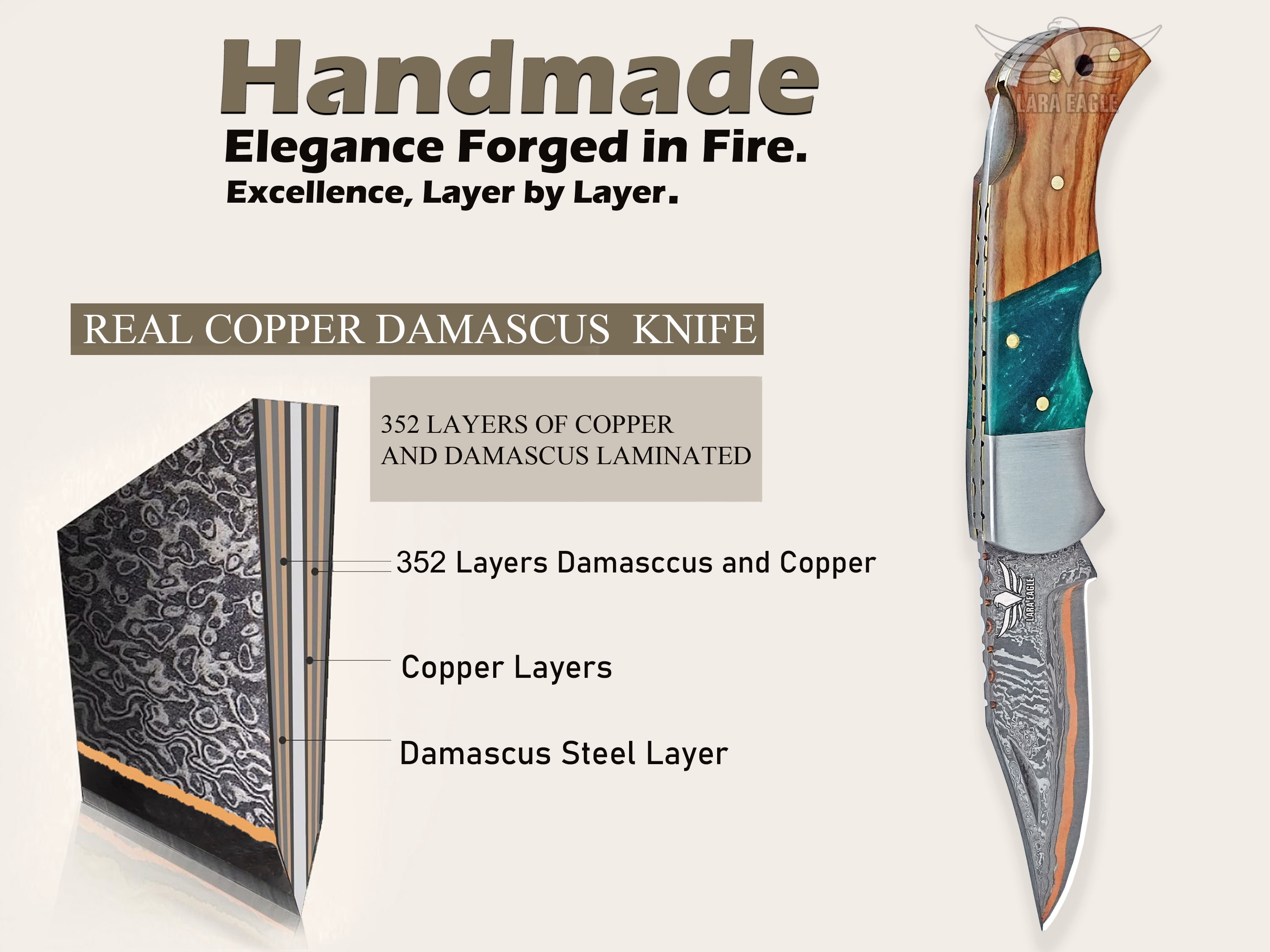 Lara Eagle Personalized Handmade Copper Damascus Folding Knife for Men- Copper Anniversary Pocket Knife - Groomsman Gift Knife- Outdoor, Camping, Hunting & Survival Gift for Him, Father, Husband