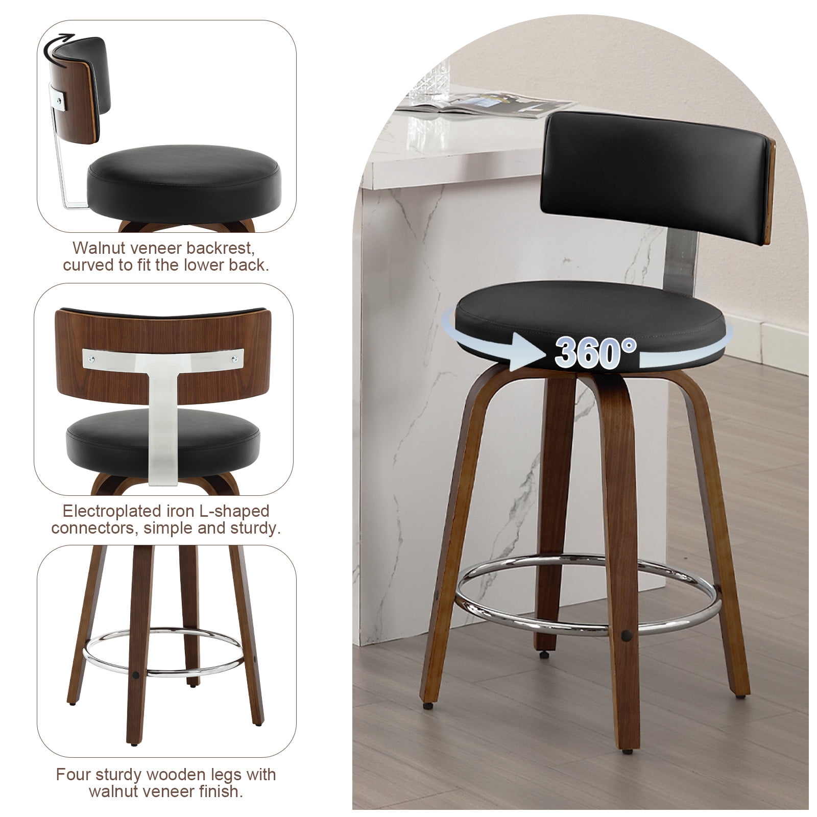 ANMINY Bar Stools Set of 2 360° Swivel with Back and Round Seat PU Leather Barstools 29" Bar Height Upholstered Bar Chairs Island Stools for Kitchen Counter