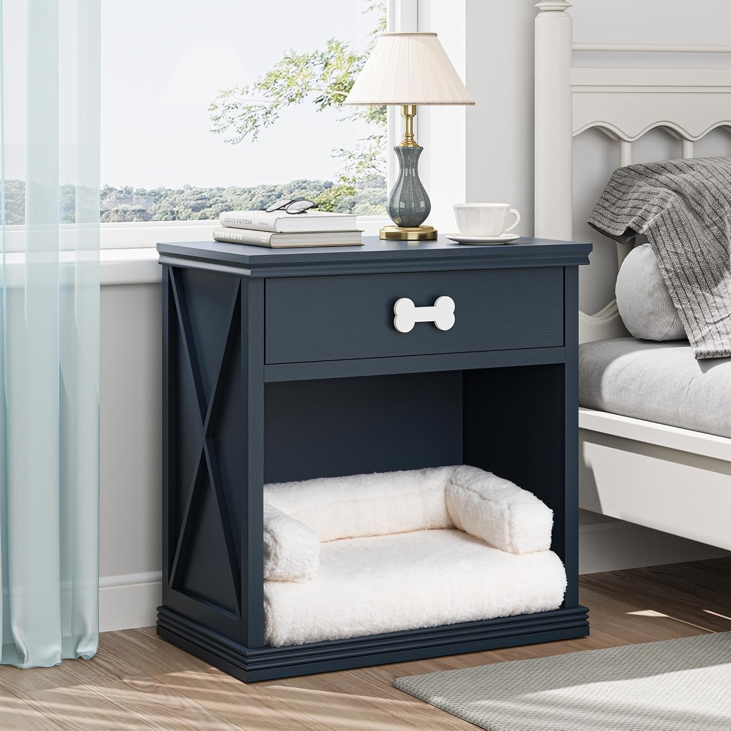 CozyHome Vintage Small Storage Cabinet with Led Light and Pet Bed, Hidden Cat Litter Box with Drawer and Semi-Open Space, Multi-Functional Nightstands with Pet House for Living Room, Bedroom, Blue
