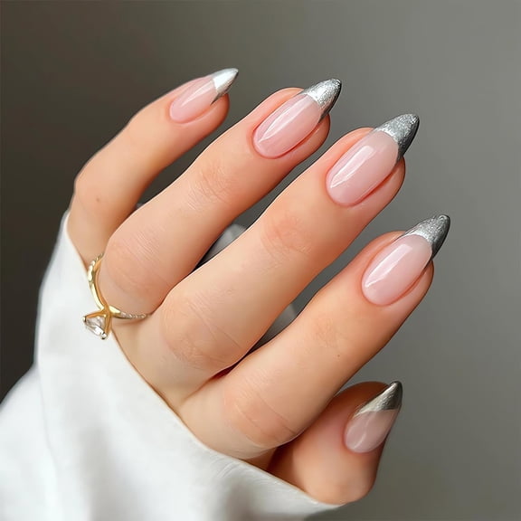 Almond French Tip Press on Nails Medium Length Fake Nails White French False Nail Tips Stick on Artificial Nails Glossy Full Cover Glue on Nails Medium False Nails with Designs for Women 24pcs style1