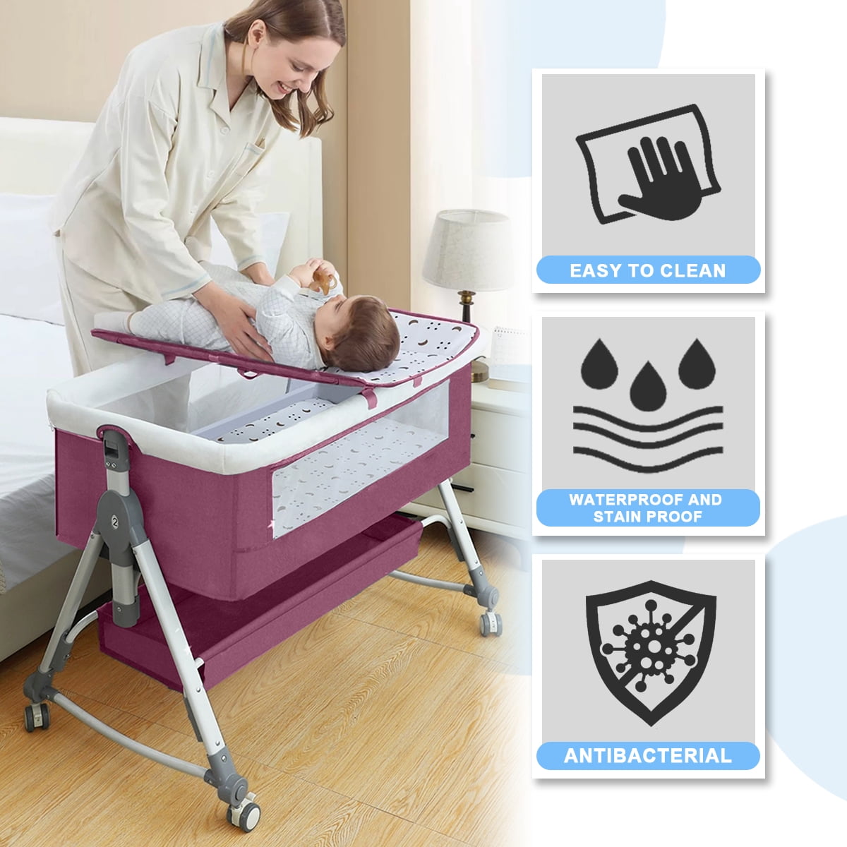 Liyufly Baby Bassinet, 4 in 1 Infant Bedside Crib with Storage Basket and Wheel &Changing Table, Adjustable Infant Cradle, Pink