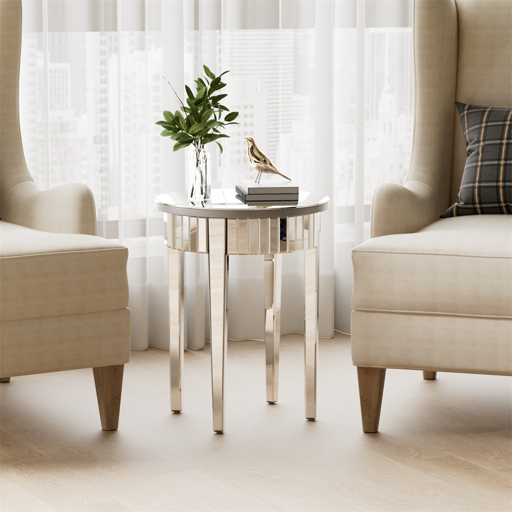 Wisfor Round Mirrored End Table Silver Sofa Side Table Hallway Living Room Furniture, 17.7 inch