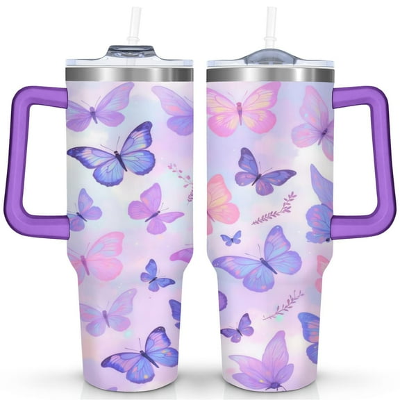 Watercolor Butterfly Gradient 40 Oz Tumbler with Handle Lid and Straw, Stainless Steel Double Walled Vacuum Insulated Cup, Cute Birthday Gifts Tumbler for Women Men Friends