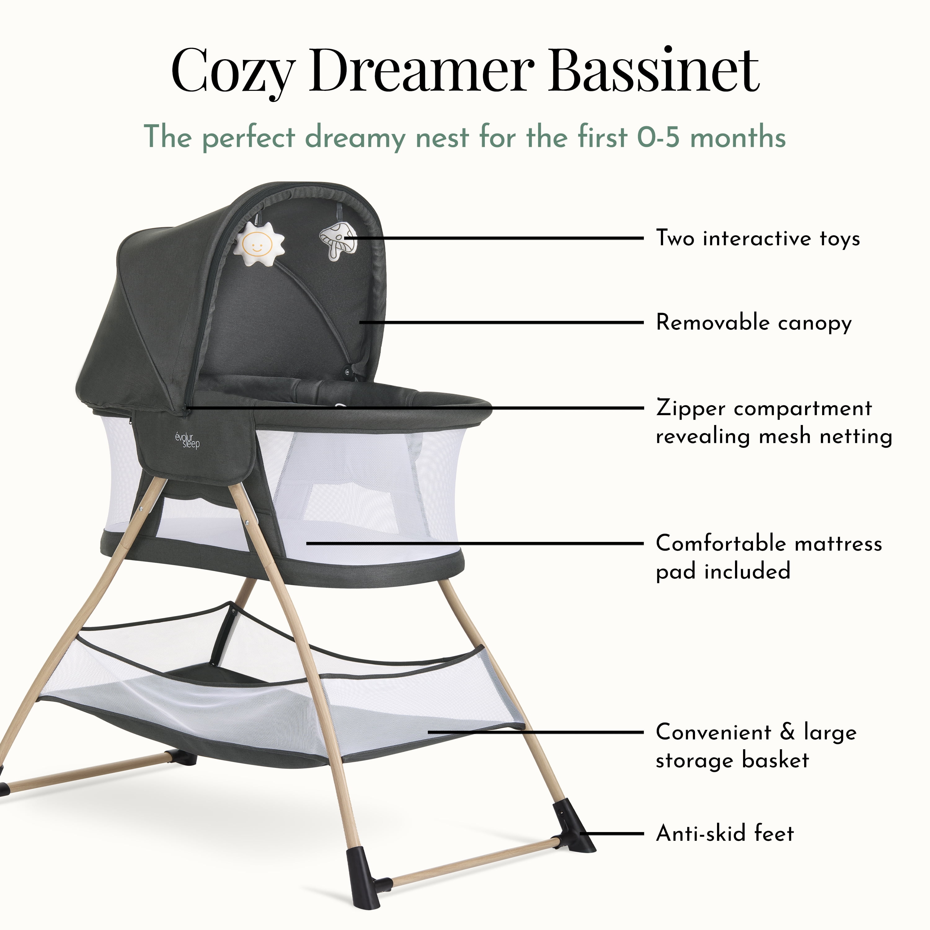 Evolur Cozy Dreamer Bassinet, Black