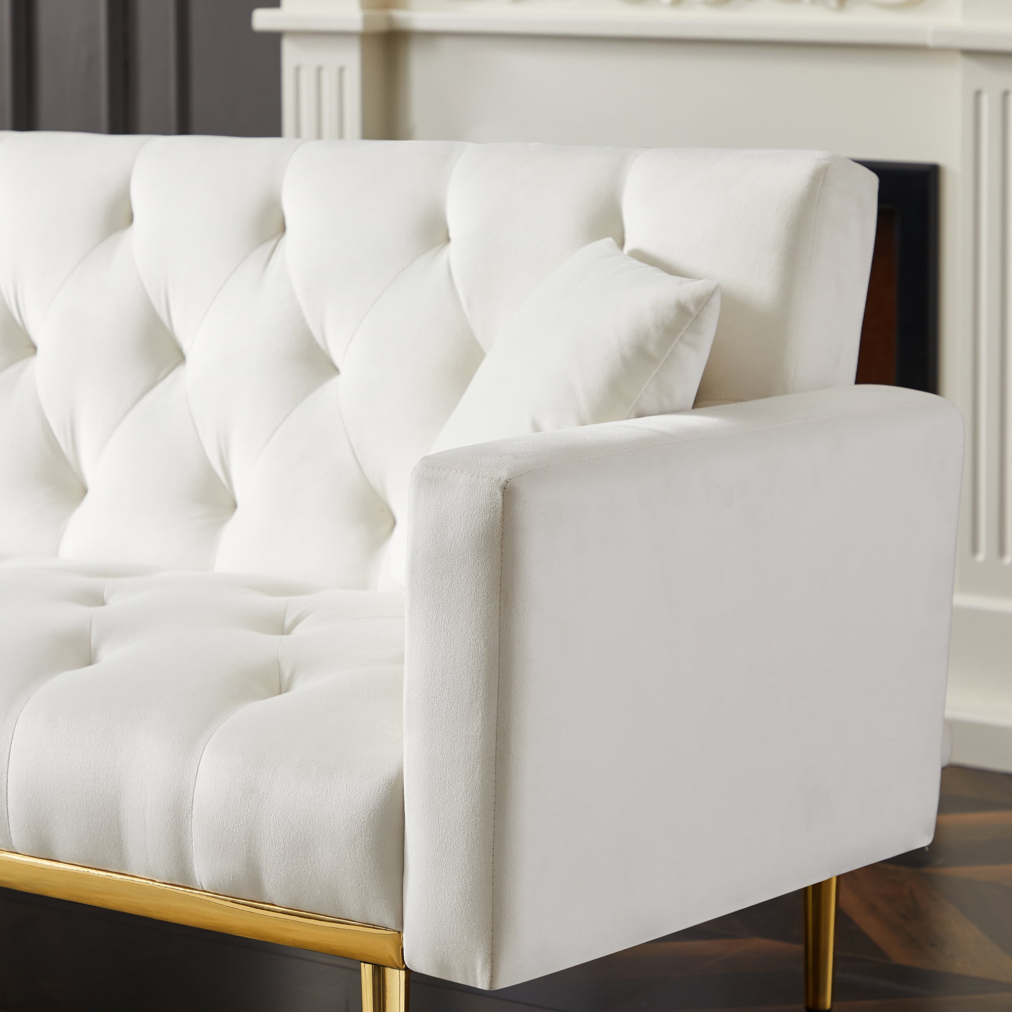 Kadyn Velvet Upholstered Sofa, Modern Convertible Folding Futon Sofa Bed for Apartment, Living Room Sofa with 2 Throw Pillows, White Kadyn Velvet Upholstered Sofa, Modern Convertible Folding Futon Sofa Bed for Apartment, Living Room Sofa with 2 Throw Pillows, White