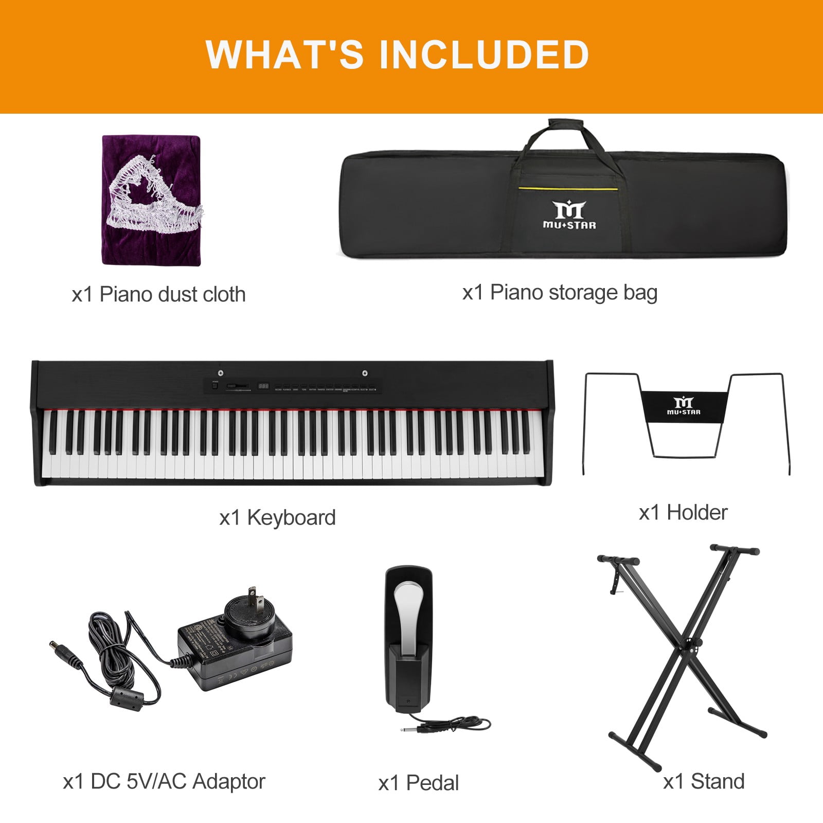 Mustar 88 Key Portable Electric Digital Keyboard Piano Semi Weighted with Stand, Bluetooth Connection, Case, Sustain Pedal (Black)