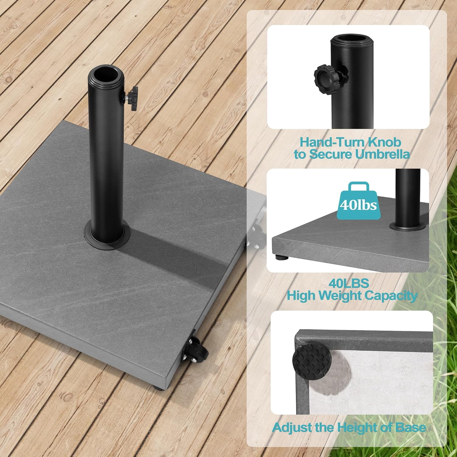 Patio Umbrella Base 43lbs Outdoor Umbrella Stand with Wheels, Heavy Duty Square Concrete Stand Market Umbrella, Gray