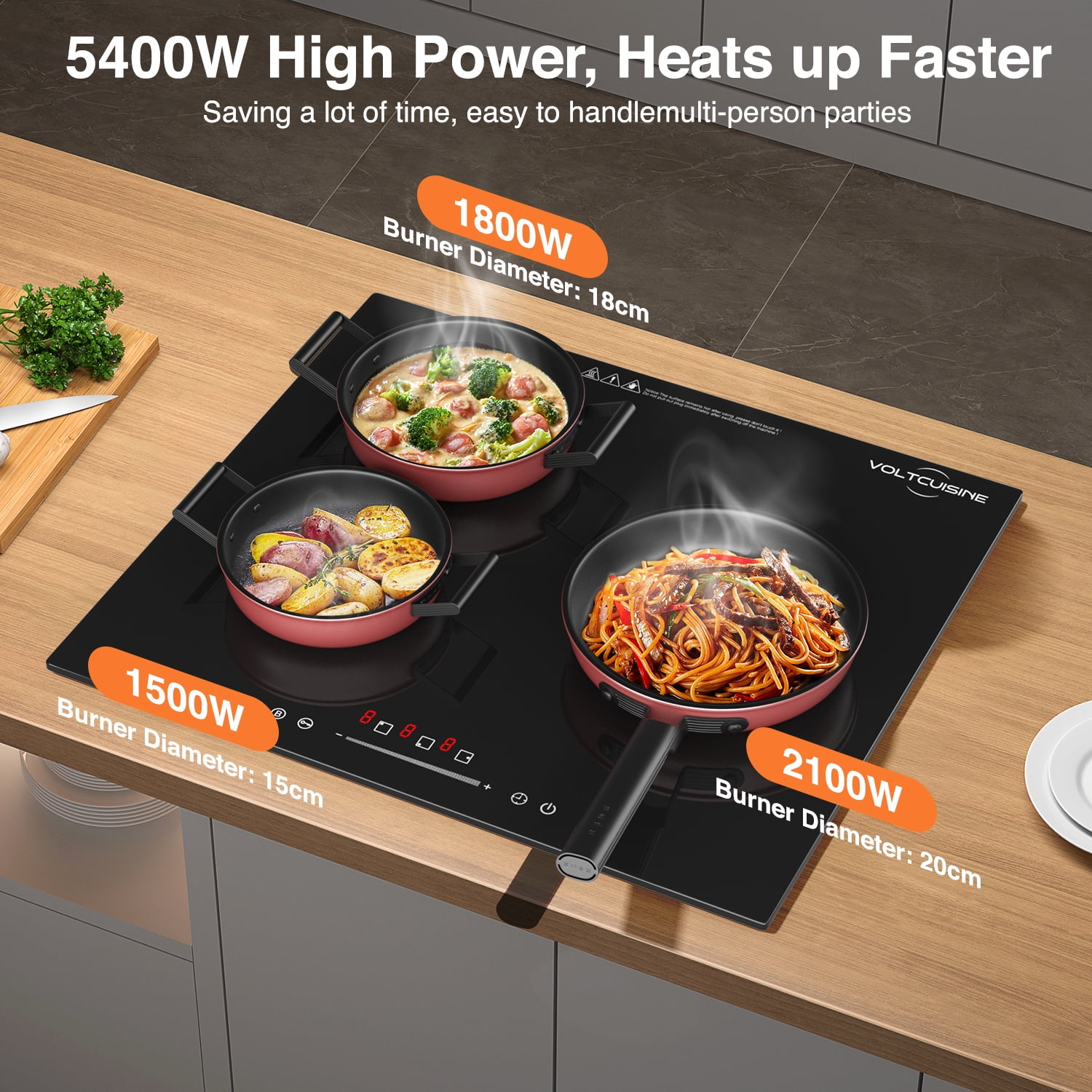 VoltCuisine Induction Cooktop 3 Burner, Shatter-proof Flat Glass Top, 9 Heat Settings, LED Touch Display with Child Safety Lock & Overheat Protection