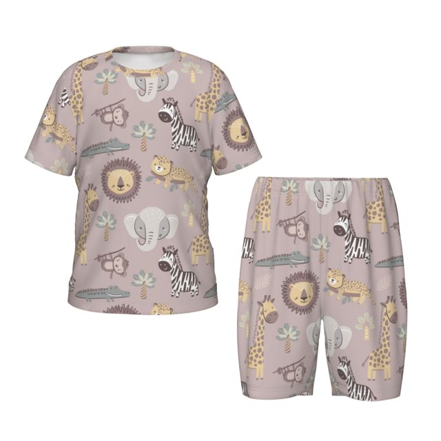 Balery Safari Animals Conjunto de Pijama Infantil de Manga Corta con Estampado – Ropa de Dormir de Algodón Suave-Large