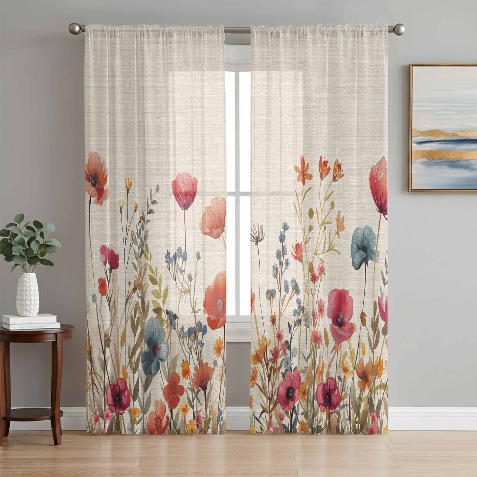 Red Flowers Sheer Curtains 96 Inches Long 2 Panels Plants Watercolor Floral Retro Linen Light Filtering Semi Sheer Window Curtains Drapes for Bedroom Living Room 52"x96"x2
