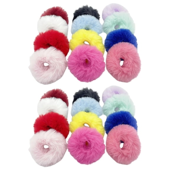 32Pcs Fuzzy Scrunchies Faux Rabbit Fur Pom Pom Hair Ties Ponytail Holders Hair Bobbles for Women Braids Wristband