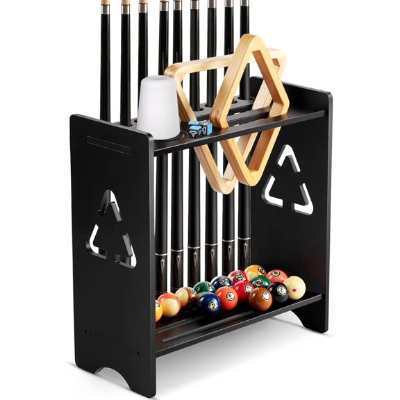 Pool Stick Holder Floor Stand- Billiards Pool Cue Rack Oak Solid Wooden Holds 9 Cues and Pool Table Accessories Organizer with Chalk Cone Holder for Game Room Club or Men Cave