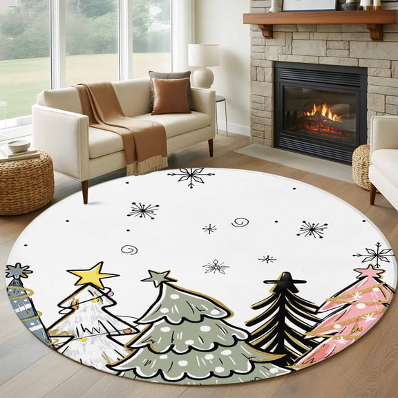 Christmas Tree Round Area Rug 6 FT, Non Slip Bedroom Area Rug, Pink Green Blue Xmas Tree Snowflake Washable Soft Circular Carpet Non-Shedding Floor Mat for Kitchen Dining Room Home Office Kids Room