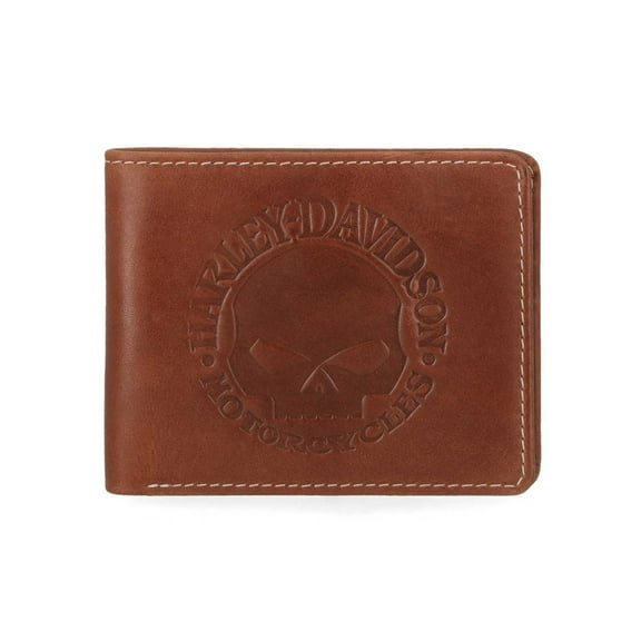 Harley-Davidson Men's Embossed Willie G Skull Bi-Fold Leather Wallet - Brown, Harley Davidson