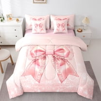 Castle Fairy Girls Pink Bowknot Twin Bedding Sets,Pearl Bowtie Bedding Comforter Set