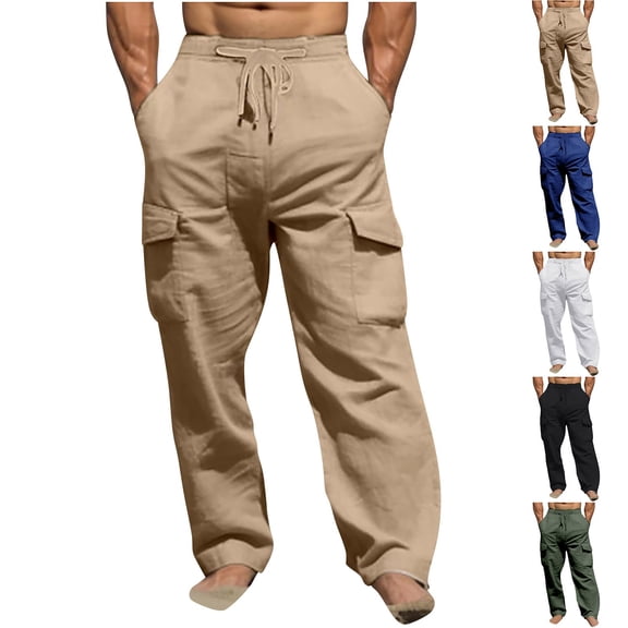 Miluxas Men's Elastic Waist Cargo Pants,Casual Loose Fit Lightweight Workwear Pull On Pants White