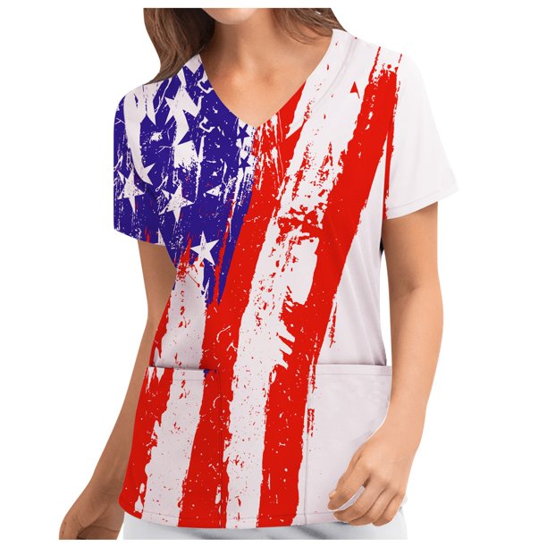Blusa de manga corta con cuello en V para mujer, blusa de bolsillo con estampado de uniforme de trabajo Pompotops hkajfhjk464798