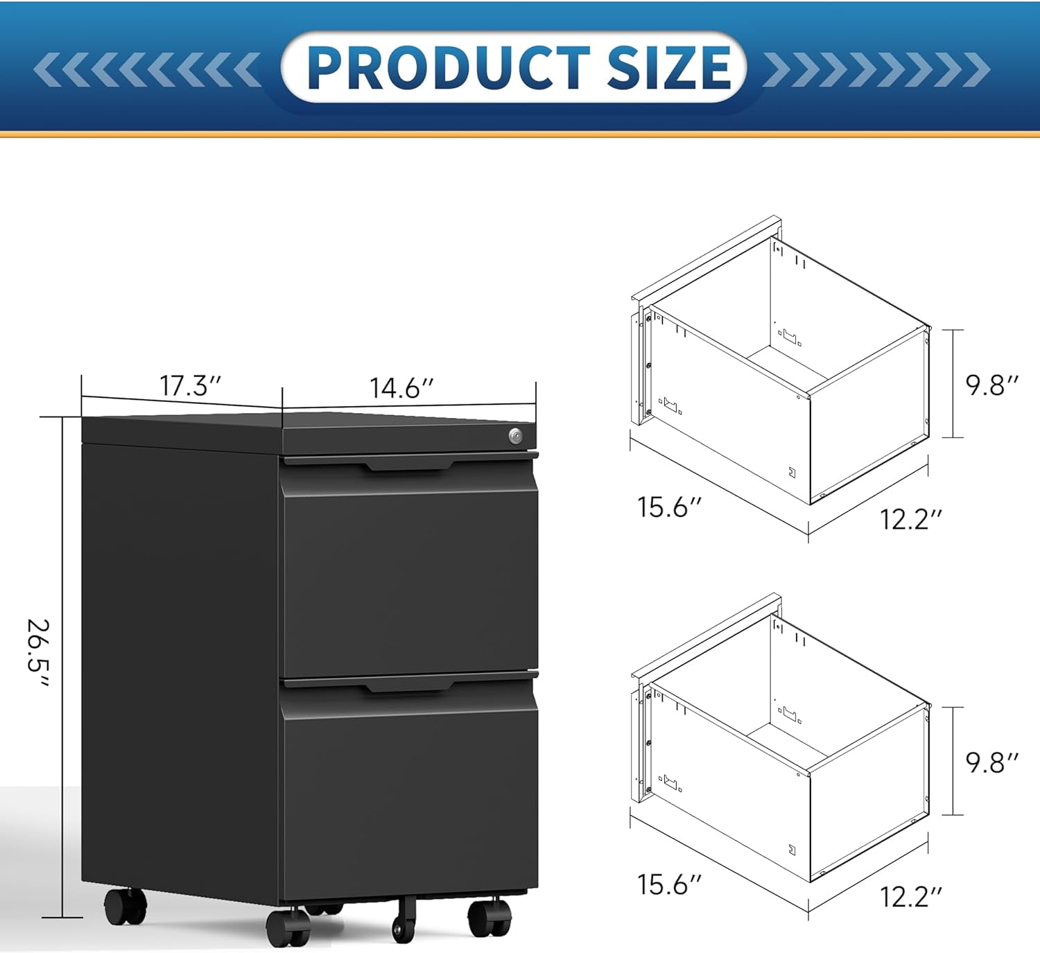 2 Drawer File Cabinet with Lock,Under Desk Storage Metal Filing Cabinet for Legal/Letter/A4 File,Mobile Rolling File Cabinet for Home Office- Assembly Required(Black)