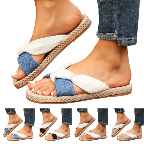 Pandaie Women's Flat Sandals Braided Summer Beach Slip on Slides Comfortable Casual Walking Espadrille Dressy Slippers Shoes Black Size 6