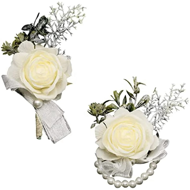 Ciandid White Rose Wrist Corsage and Boutonniere Set for Wedding, 3PCS  Groom Groomsman Boutonnieres & 3PCS Bride Bridesmaid Wrist Corsages  Wristlet