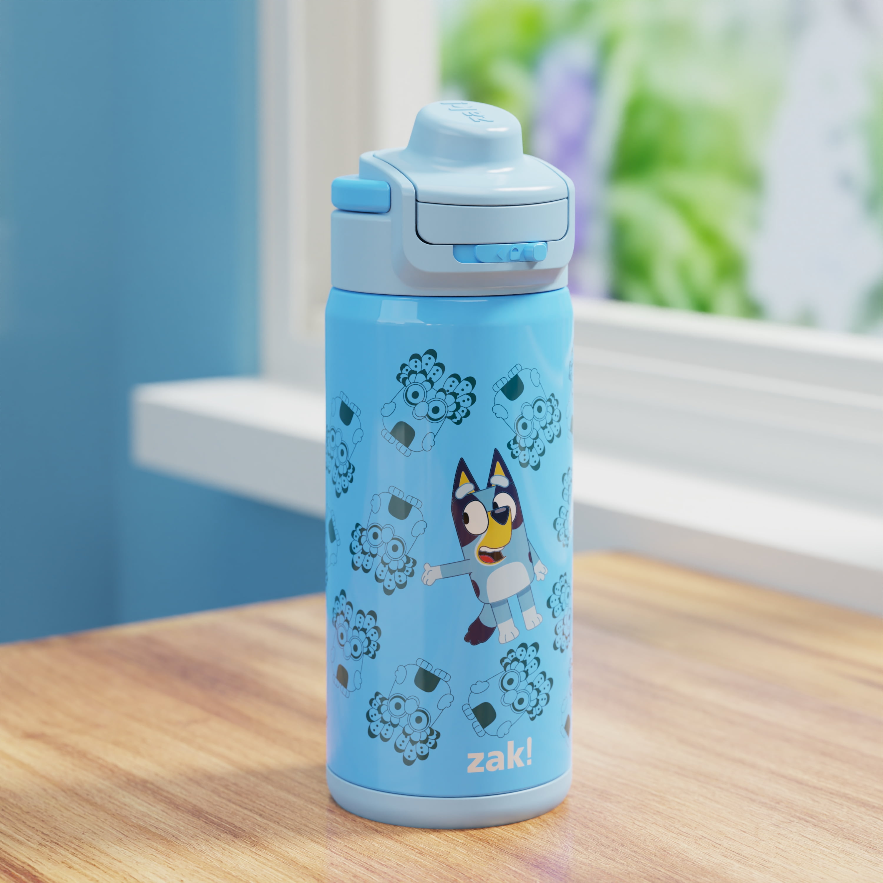 Zak Designs 14oz Bluey Kids Straw Water Bottle, Stainless Steel Vacuum Insulated Lincoln Bottle with Easy-Open Locking Spout Cover for Travel, Built in Carry Handle