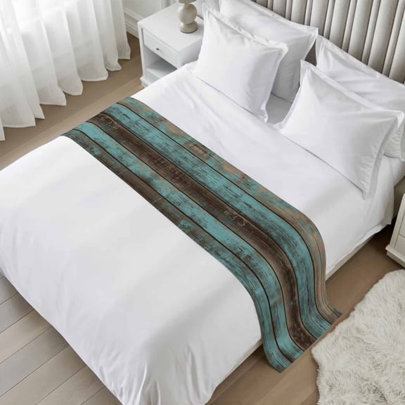 Teal Wood Grain Bed Runner, Satin Bed Throw Runner for Twin Size Beds, Gradient Farm Old Wooden Board Vintage Decorative Bedding Dresser Scarf for Foot of Beds Sofa Cabinet End Table 71"x20"