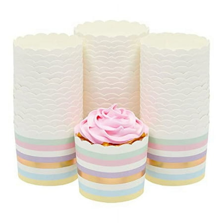 50 Pack Striped Paper Baking Cups, Pastel Rainbow Cupcake Wrappers (2.2 In)