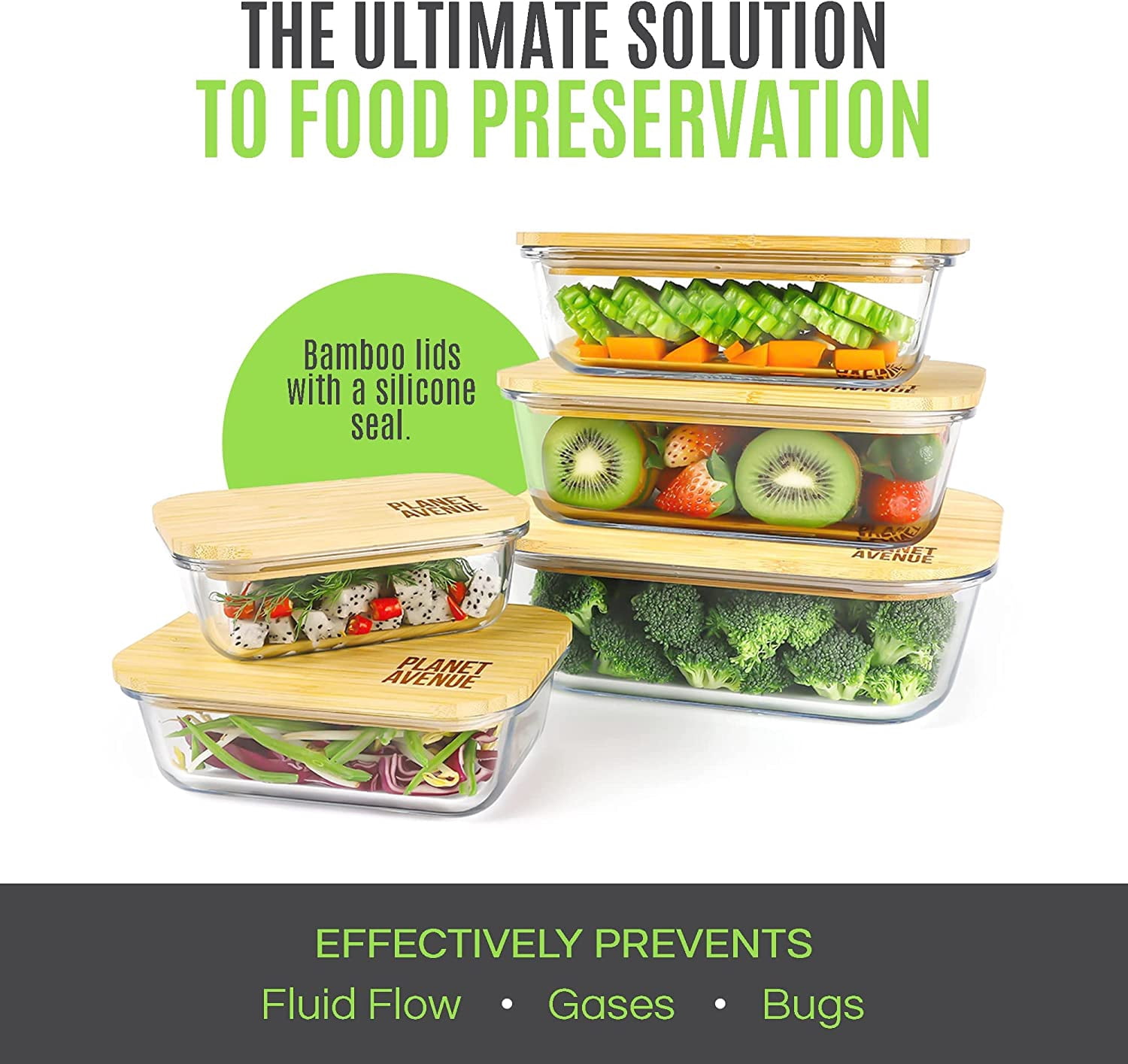 Planet Avenue Glass Food Storage Containers with Bamboo Lids – Airtight, Stackable, Eco-Friendly, BPA-Free – Set of 5