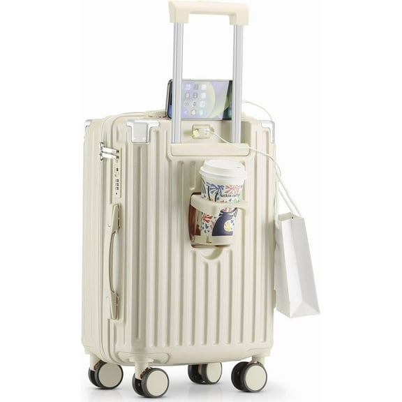 20 Inch Carry On Luggage With Cup Holder & USB Port, Airline Approved TSA-locked Luggage, Lightweight PC Material Travel Suitcase With 360° Spinner Wheel