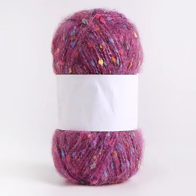 Namzi Hilo de mohair con puntos de colores de 200 g, hilo suave para tejer a mano y hacer ganchillo, ideal para bufandas, chales y manualidades, color rojo púrpura.
