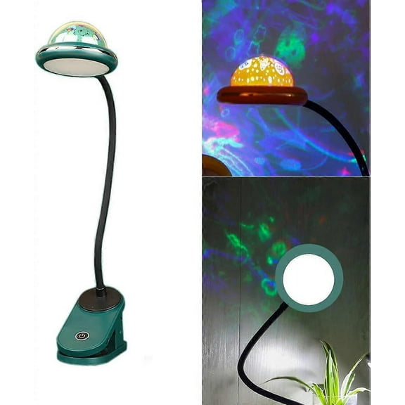 Clip-on Lamp for Kids, USB Rechargeable LED Reading Lamp with Star Projection, Gooseneck Bedside Lamp (Green)