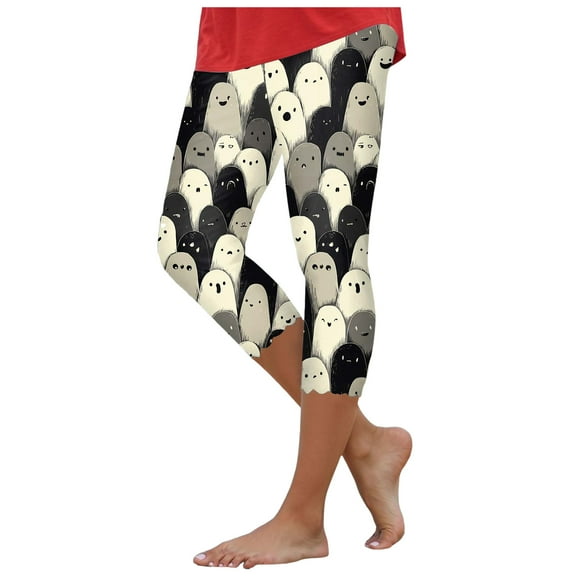 YDFCWXW Halloween Printed Leggings for Women Soft Stretch Workout Yoga Tights Elastic Waist Halloween Beige, XXL