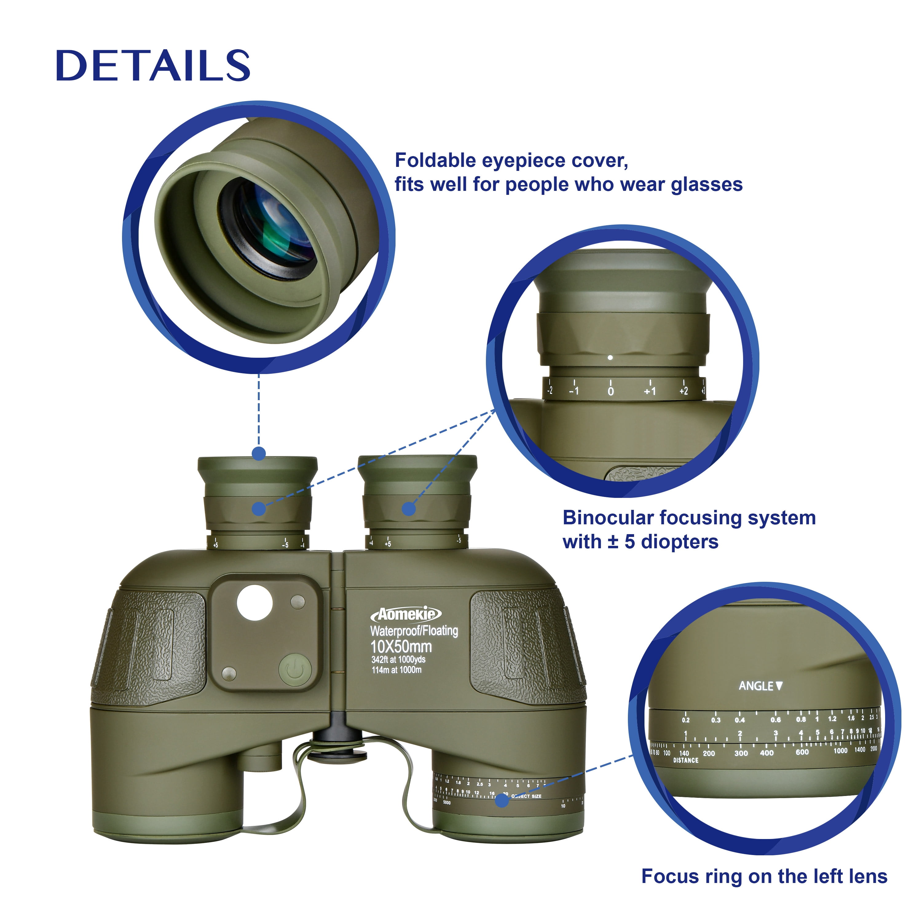 10X High Power Marine Binoculars 50mm FMC Lens Bak4 Prism with Compass Rangefinder Waterproof for Hunting Boating