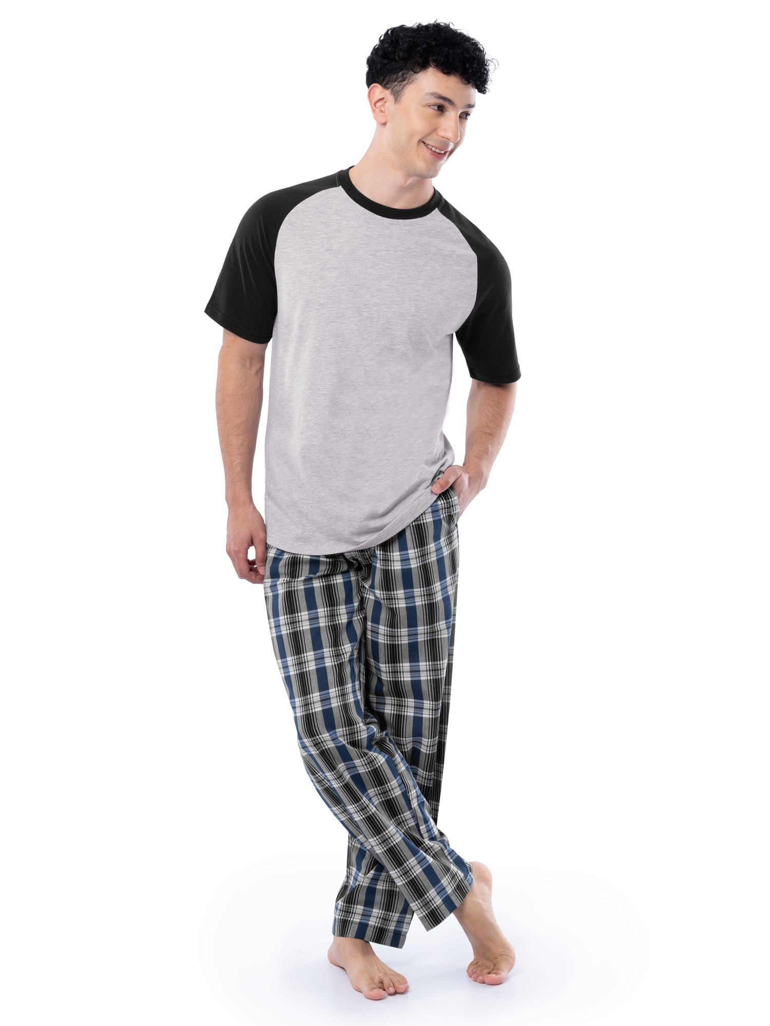 Fruit of the Loom Men's Raglan Short Sleeve T-shirt and Plaid Pajama Sleep Pant Set, Sizes S-2XL