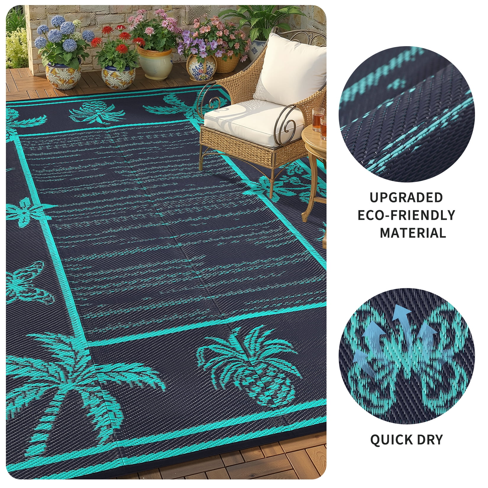 Nanan 8'x10' Outdoor Patio Rug, Waterproof Reversible Camping Rug, Portable Foldable Floor Cover for Picnic, Beach, Deck, Backyard, Dark Blue Green Black