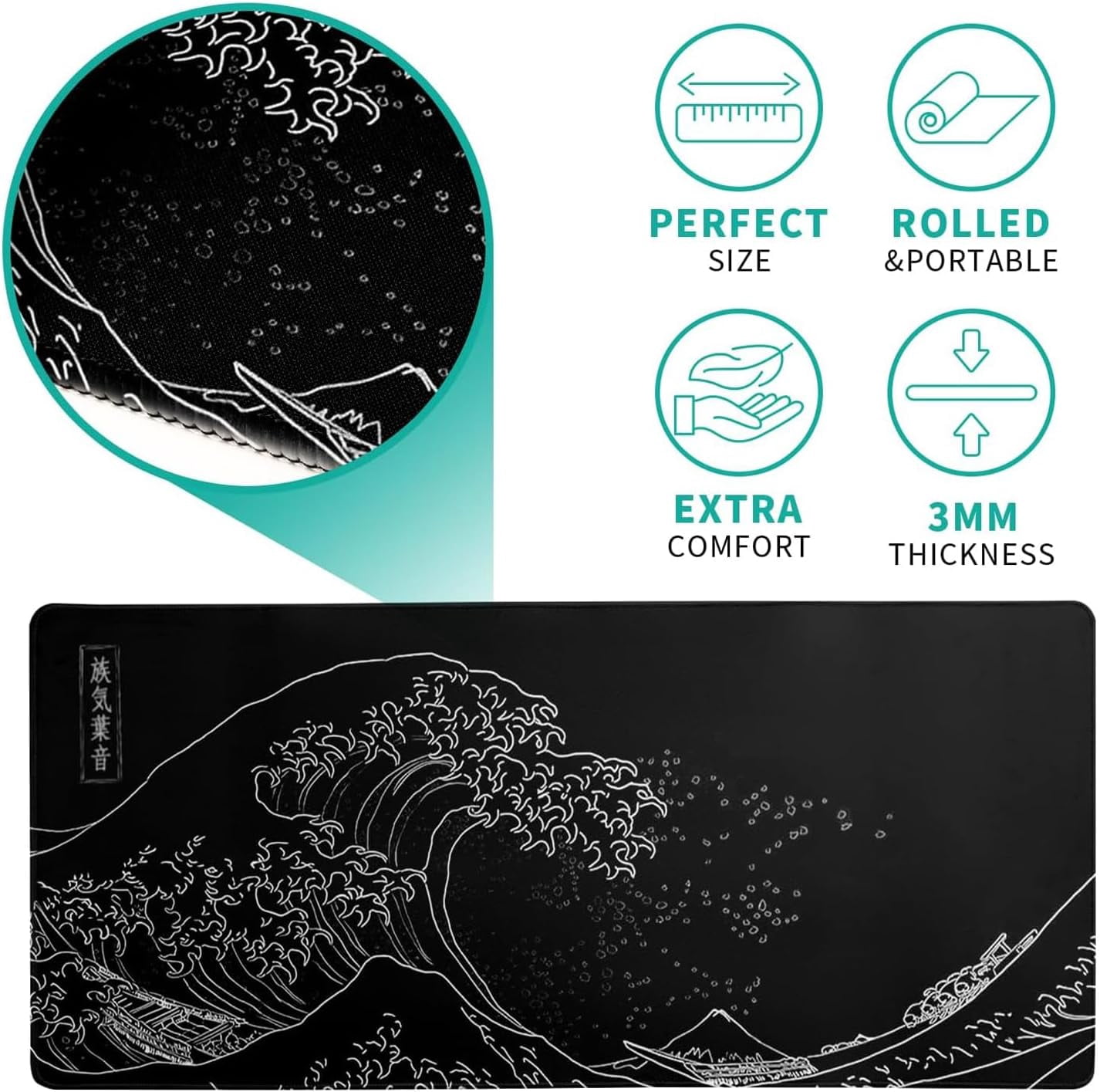 Japanese Sea Wave Mouse Pad XXL Extended Anime Black Gaming Mousepad Large Size Full Desktop Desk Pads Contour Lines Computer Mouse Mat Non-Slip Rubber Base(Size:35.4x15.7in)