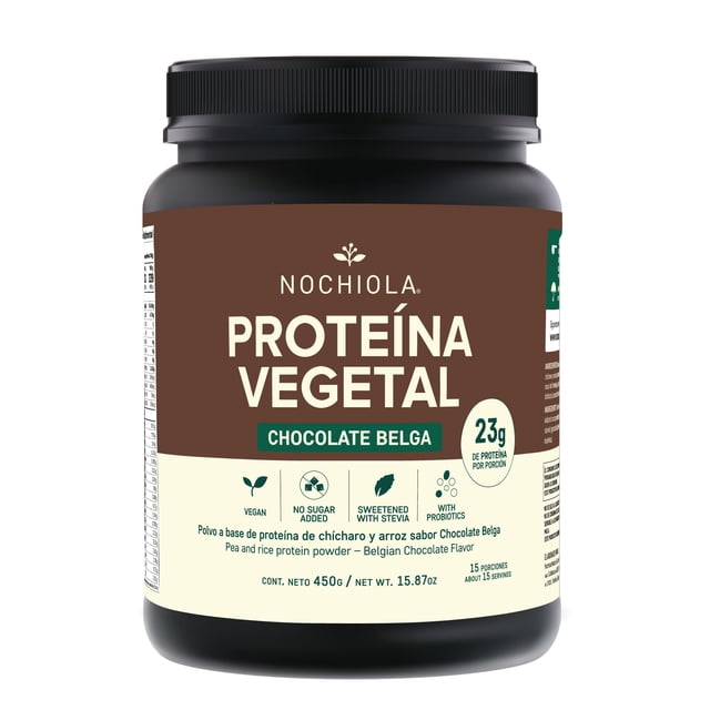 NOCHIOLA Proteína Vegetal en Polvo, Sabor Chocolate Belga, 23g Proteína por Porción, Vegana, Sin Azúcar, con Probióticos, 450g, 15 Porciones