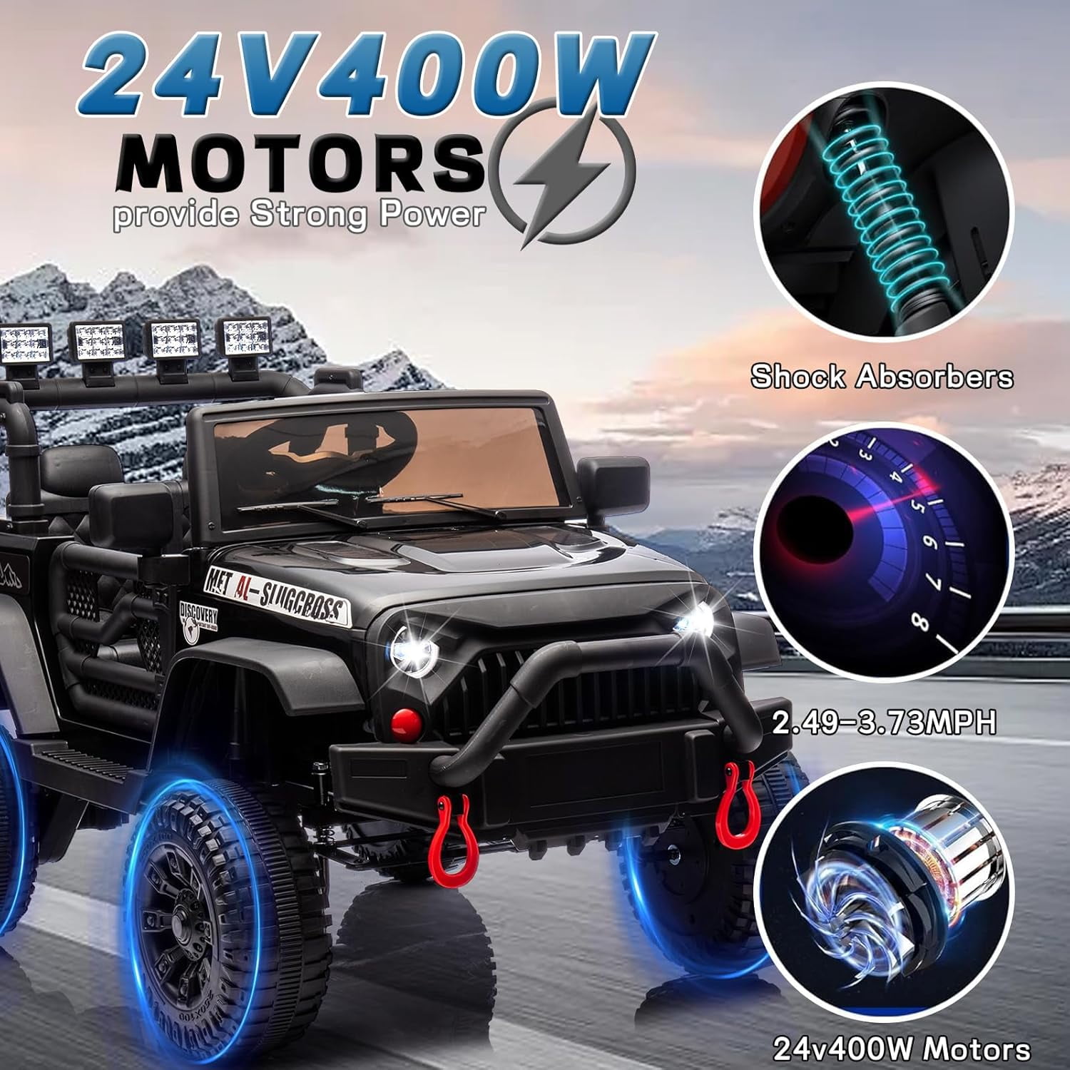 POVANLI 24V Kids Ride on Toy Jeep with Parent Remote, Electric Truck Car for Kid w/ 2*200W Moter, 3 Speeds, LED Lights, Multifunctional Dashboard, Bluetooth Music, USB, Toy Gift for Boy Girl(Black)