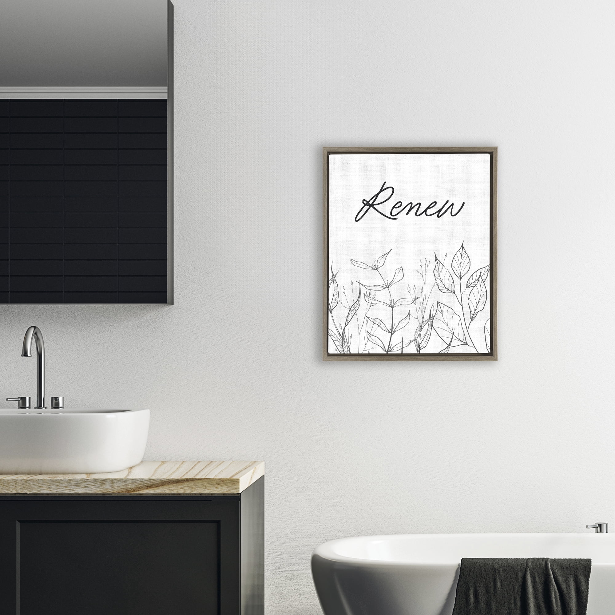 Renew with Leaf Outlines Brown Framed Floater Canvas Wall Art, design by Lettered and Lined