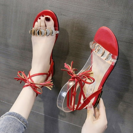 

HIBRO Ladies Fashion Large Size Metal Sheet Low Heel Ankle Strap Casual Sandals