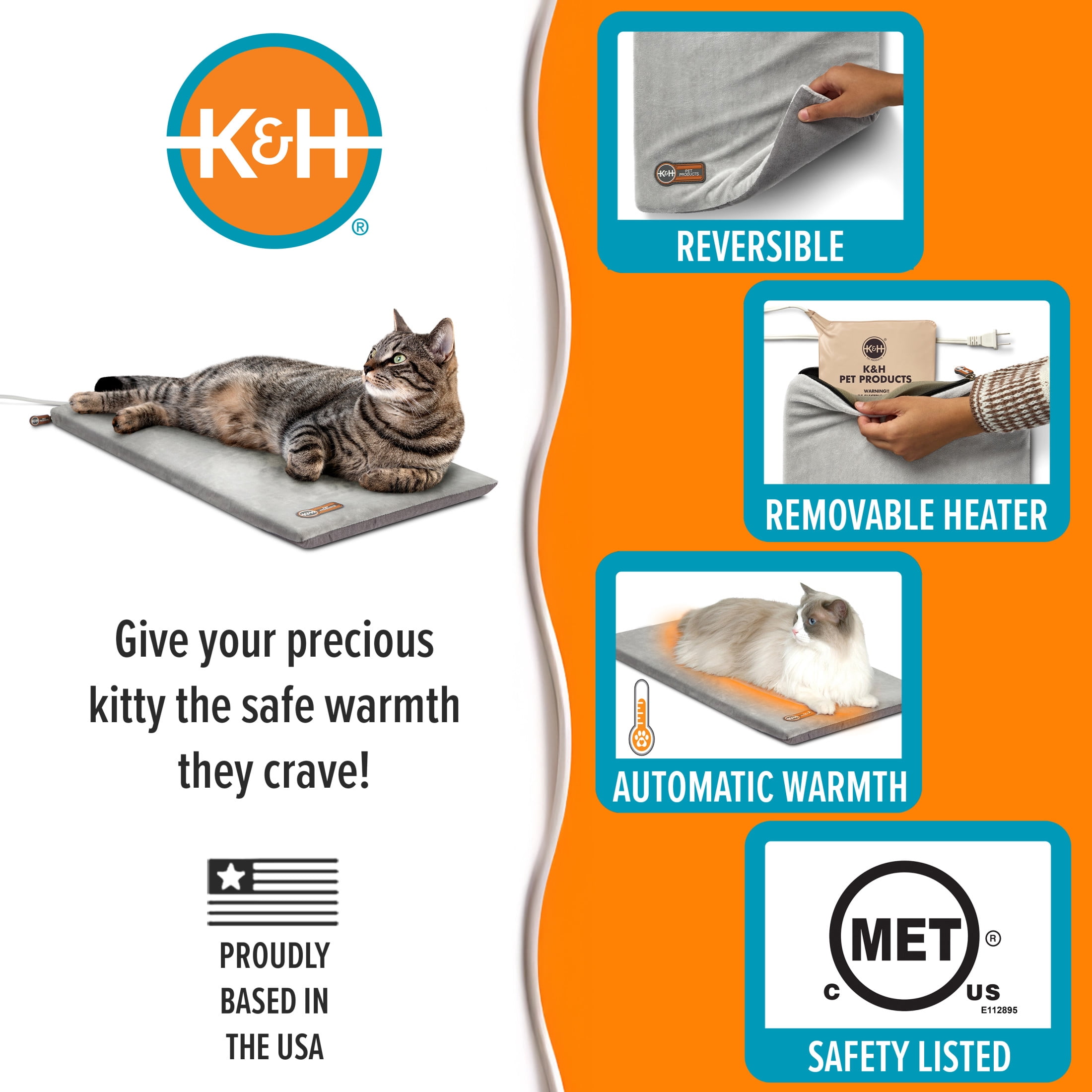 K&H Pet Products Thermo-Kitty Mat Heated Cat Bed Gray 12.5 X 25 Inches