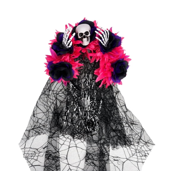 Decorr Halloween Headband for Women, 10" Gothic Skull Skeleton Hand Flower Crown with Detachable Spider Web Veil, Day of The Dead Cosplay Headpiece, Halloween Party Photo Prop, Hot Pink