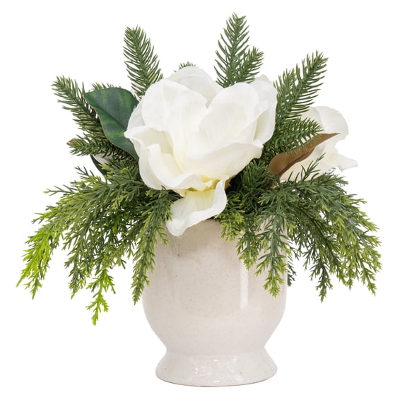 My Texas House Evergreen and Magnolia Christmas Arrangement in Pot, Green and White, 12"