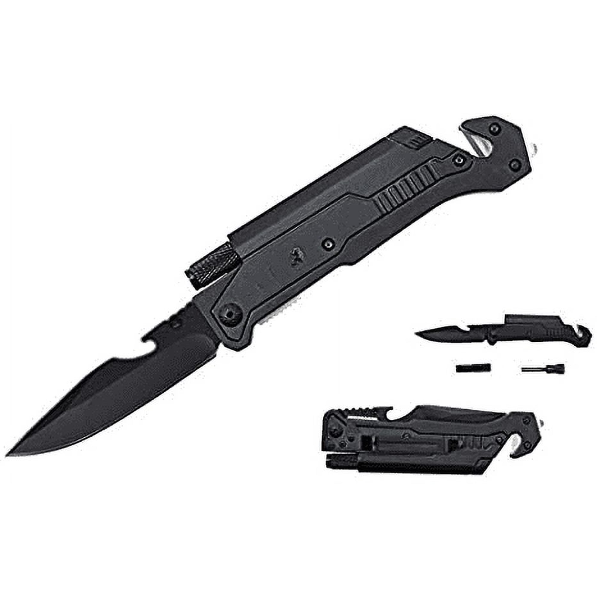 1 Pocket Rescue Hunting Knife Led Flashlight Bottle Opener Fire Starter Holidays Birthday Groomsmen Gifts-LED (Black w/ Pouch)